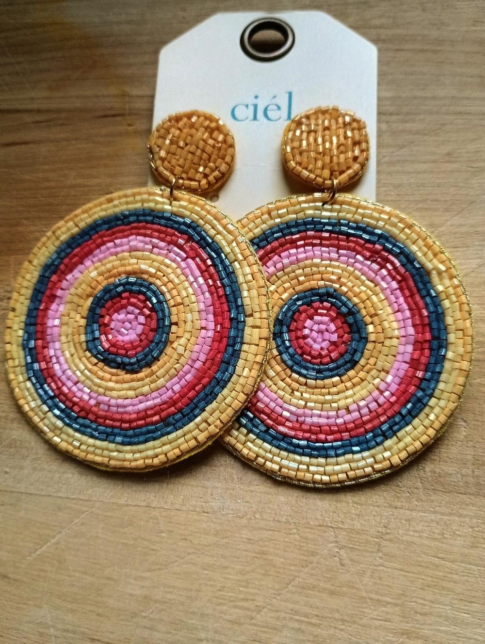 Handmade Multicolor Beaded Circle Drop Earrings - Yellow Accent